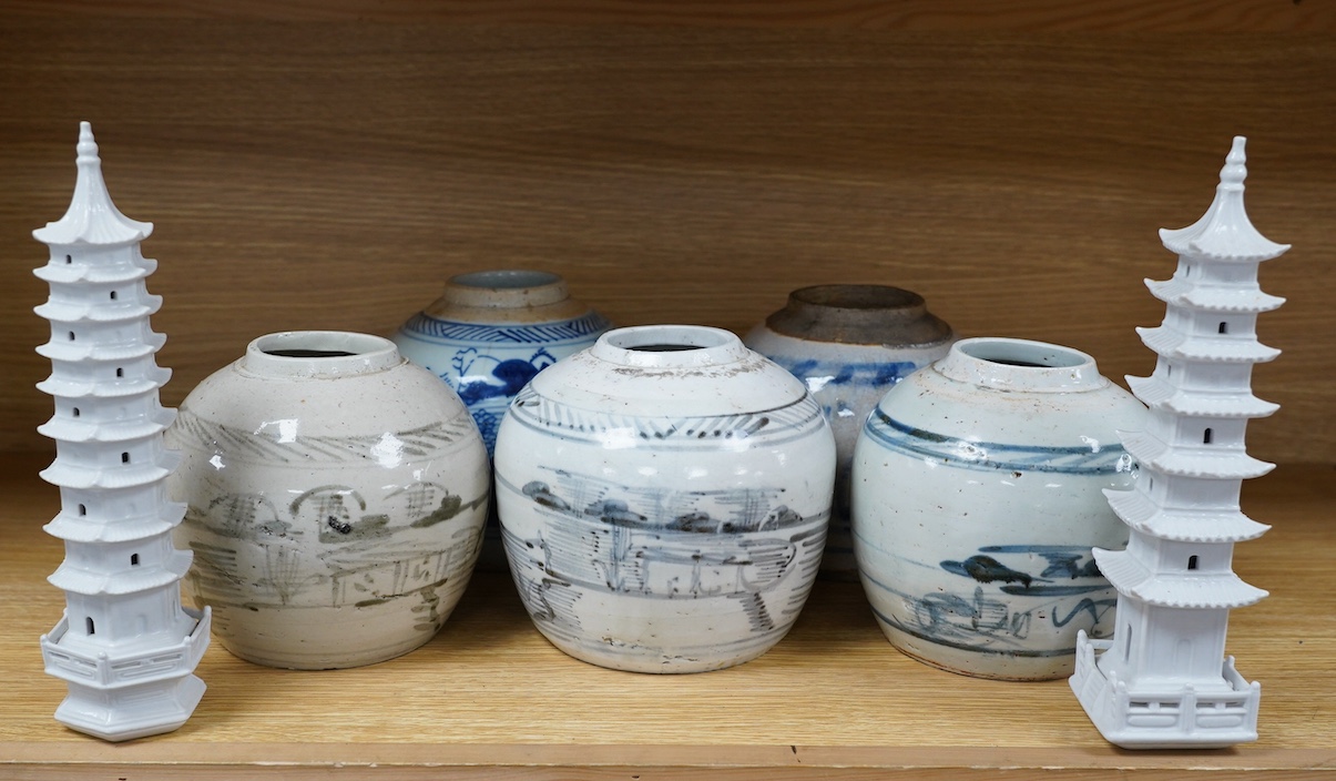 Five 18th/19th century Chinese blue and white ginger jars and two ‘pagoda’ models, tallest 26cm. Condition - fair